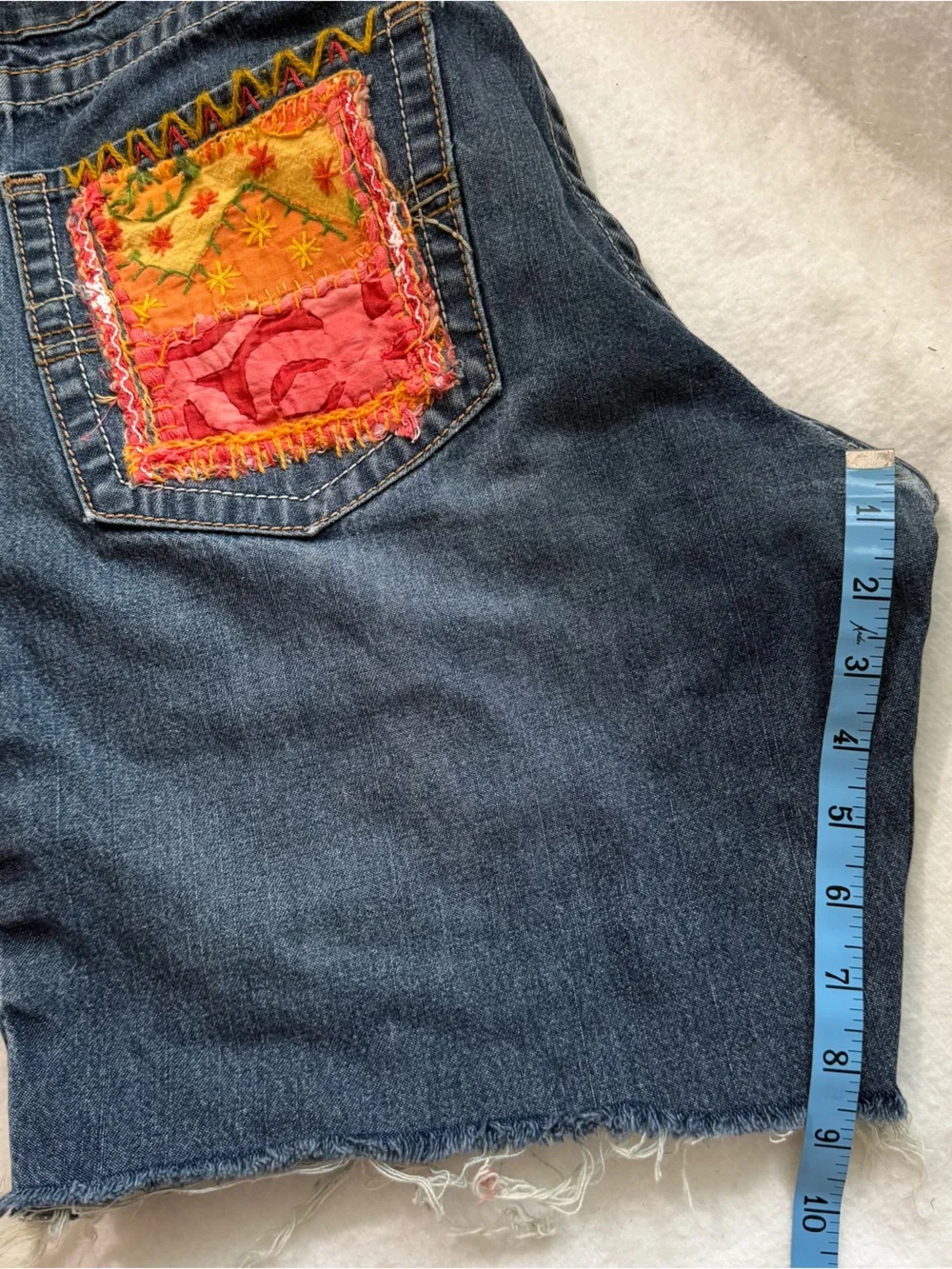 Upcycled Boho Jean Shorts Hand-Stitched Embroidered Puppy Patchwork Raw Hem Lg